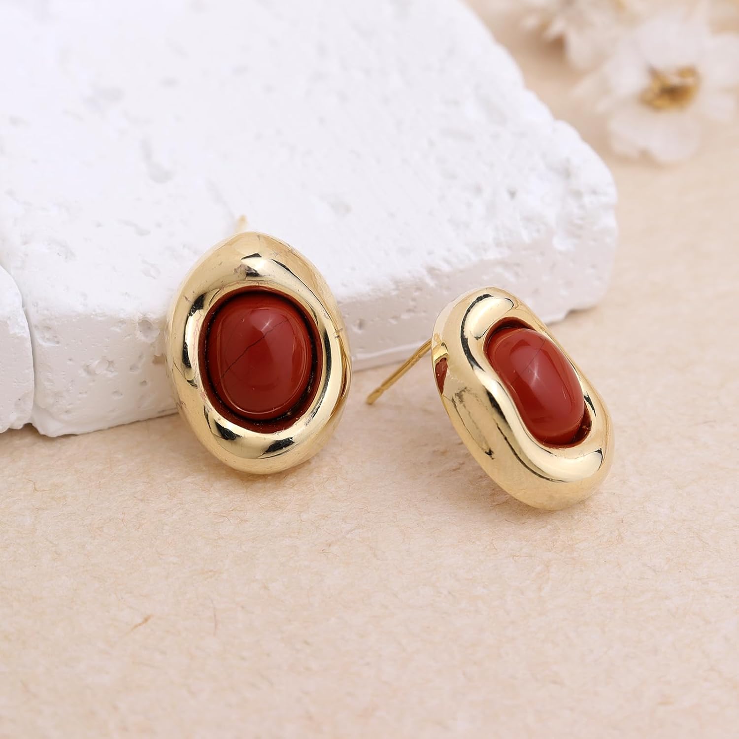 Jean Beau Chunky Gold Stone Stud Earrings for Women, Trendy Natural Gemstone Hypoallergenic Earing Valentine Jewelry Gift - Image 5