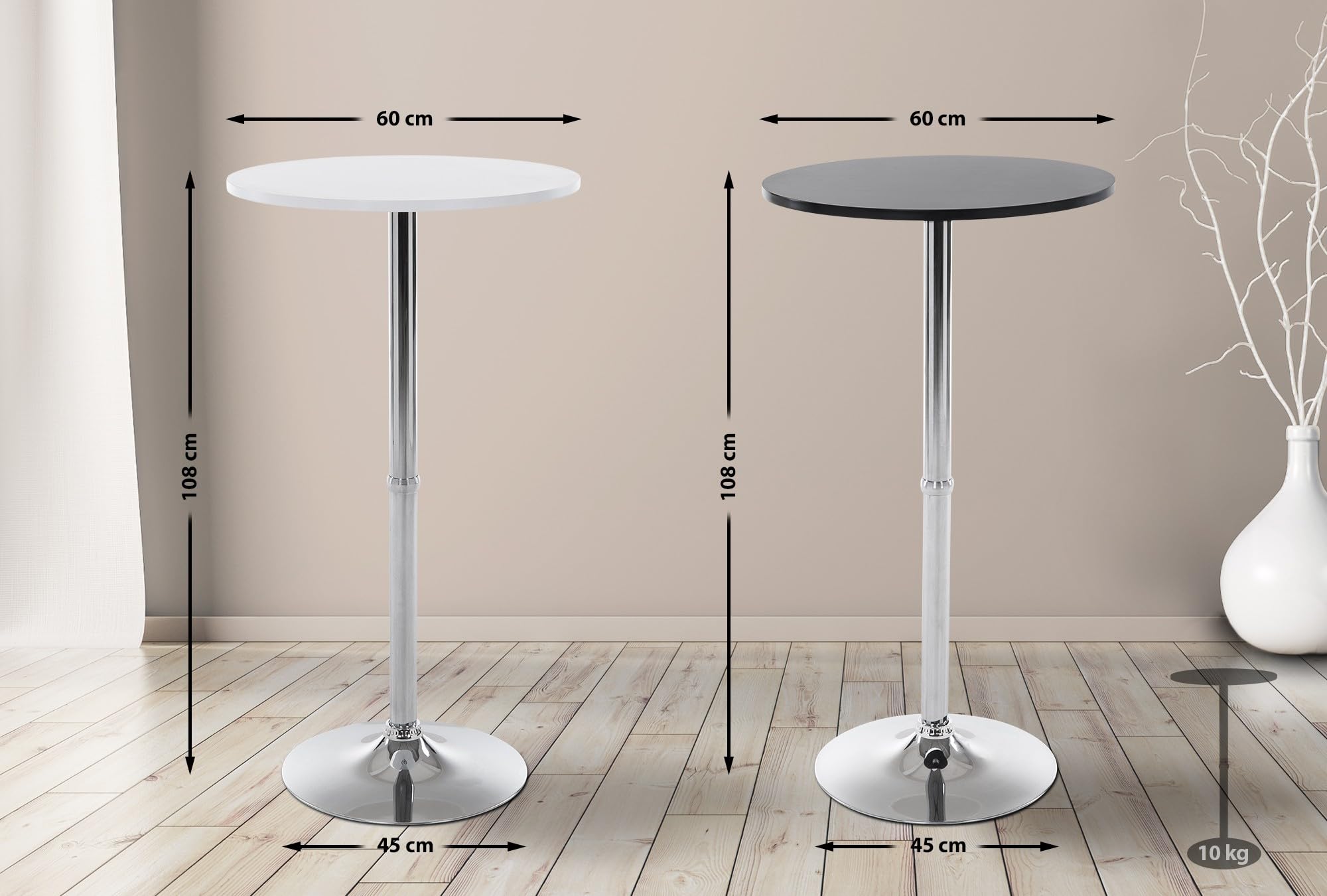 CLP Mesa Alta de Bar con Tablero Redondo | Mesa de Soporte Alto de Metal con Superficie Redonda de Madera I Mesa de Bar con Ř 60 cm, Color:Blanco