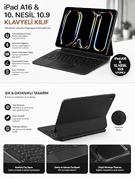 Fogy Apple Ipad 11 A16 11.Nesil/10.nesil 2022/2025 için Uyumlu X8 Magic Touchpad Işıklı Türkçe Q Klavyeli Kılıf A3355 A3354 (Siyah)
