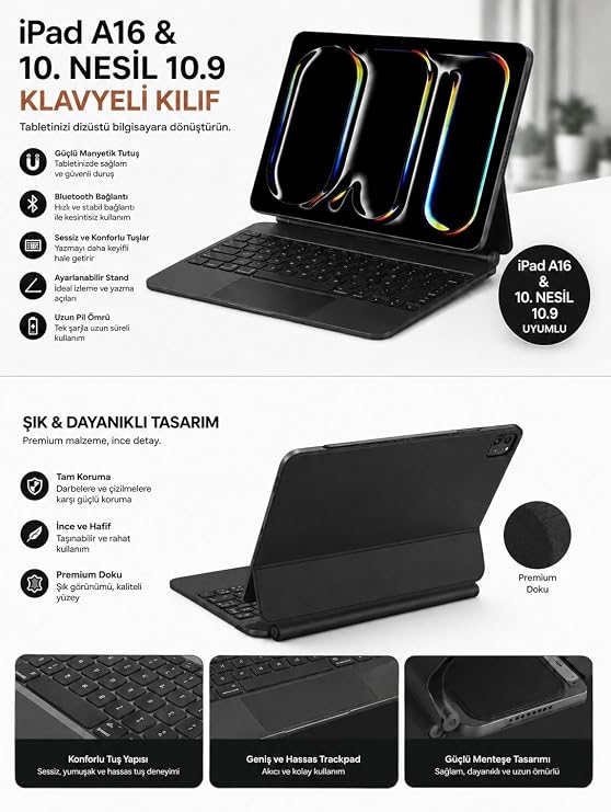 Fogy Apple Ipad 11 A16 11.Nesil/10.nesil 2022/2025 için Uyumlu X8 Magic Touchpad Işıklı Türkçe Q Klavyeli Kılıf A3355 A3354 (Siyah)