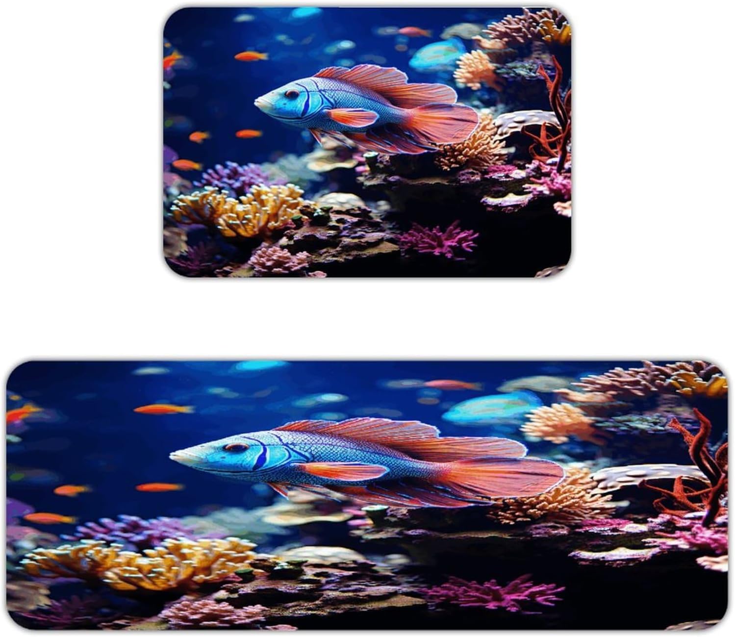 Coral Reef Fish Aquarium Kitchen Mat Washable Non Slip Rugs Soft Kitchen Mats for Floor Set of 2 PCS Cushioned Absorbent Runner Standing Rugs for Home Sink Laundry Office