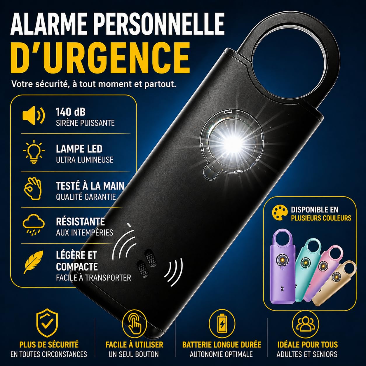 VOLTEK News kit Alarme métal loquet de sécurité (Blanc) Femme Defense + detecteur Porte et fenêtre autodéfense Auto Alarme Mini Autonome + sifflet Urgence personnelle Lampe puissante 135 DB, USB-C