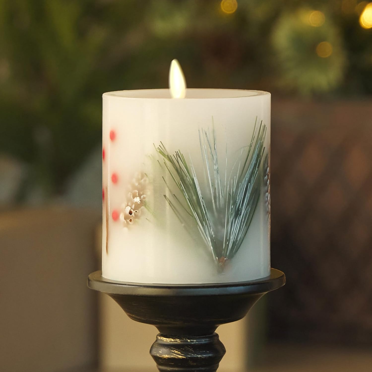 Luminara Embedded Flameless LED Candle - Pine Berries 3.5" x 4.5" - Moving Flame Pillar, Battery Operated Timer, Real Wax, Unscented, Safe - Image 2