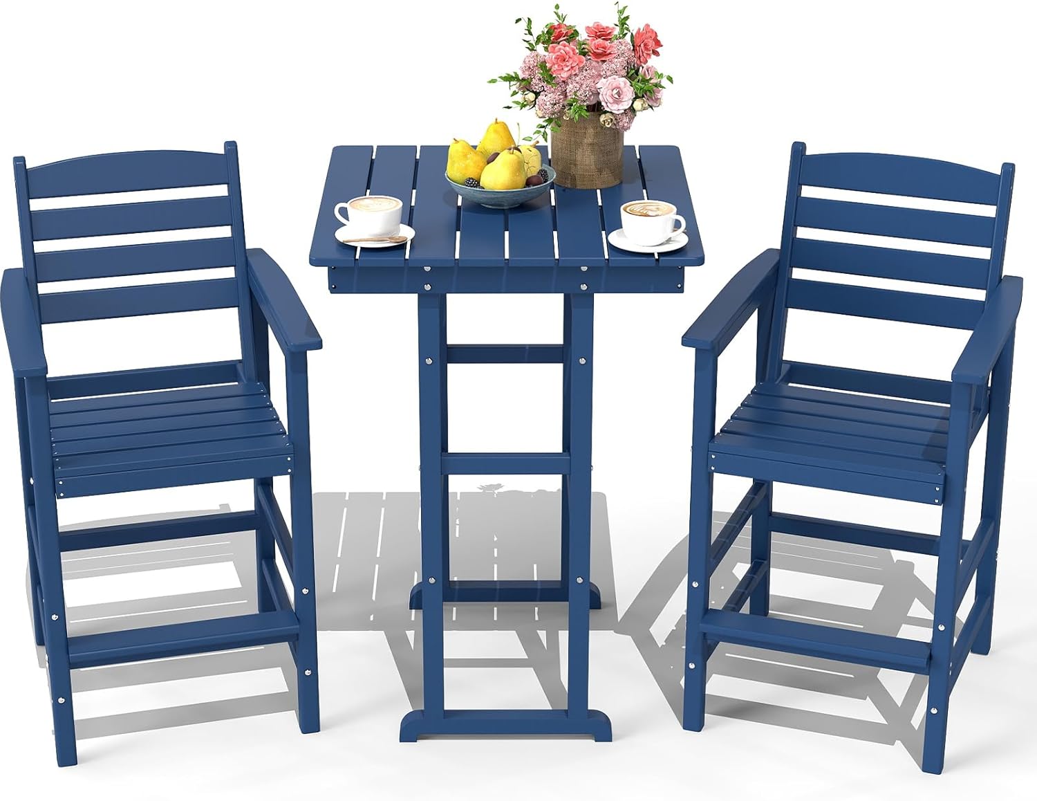 NAVINE 3-Piece Adirondack Bar Table and Chair Set, HDPE All-Weather Bar Height Chairs Set of 2 with Bar Table, Outdoor High Top Patio Bar Set for Bistro, Balcony, Patio, Poolside, Navy Blue