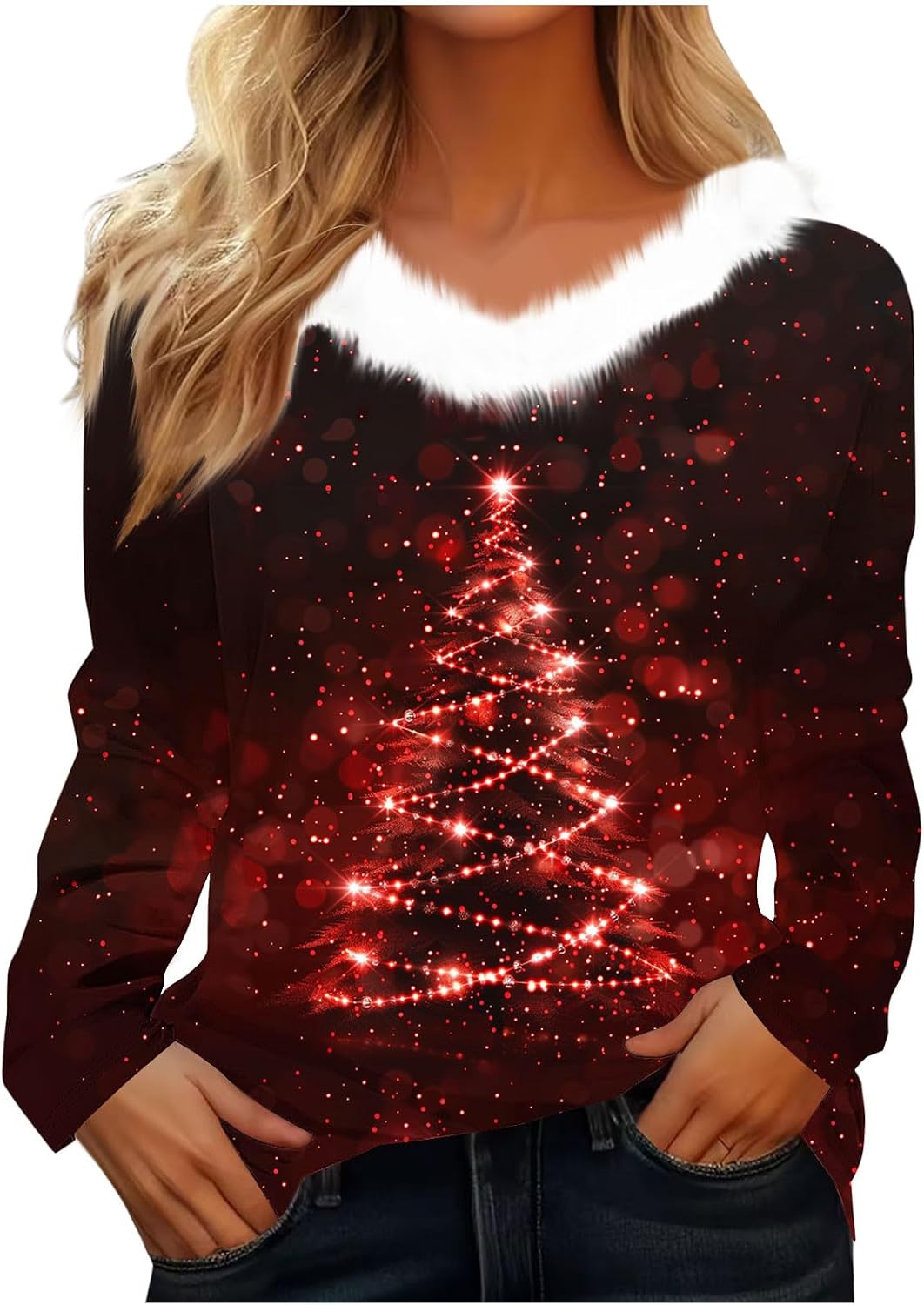 Red Faux Fur V-Neck Christmas Shirts for Women:Fashion Loose Fit Long Sleeve Blouses Ugly Sweater Party Outfits