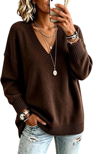 Womens Tops Long Sleeve V Neck Sweaters Knit Pullover Casual Dressy Sweater