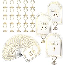 Wedding Table Numbers 1-30, 30 White Gold TableNumber Cards with 30 Gold Number Holders, 1 Set of 30 Table Numbers for Wedding ReceptionCard and Holder