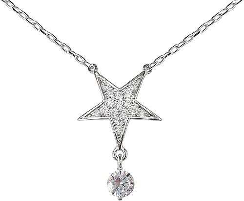 Collar con colgante de diamantes de imitación de estrella pentagonal de plata de ley 925, chapado en oro blanco, regalos de joyería para mujeres 16