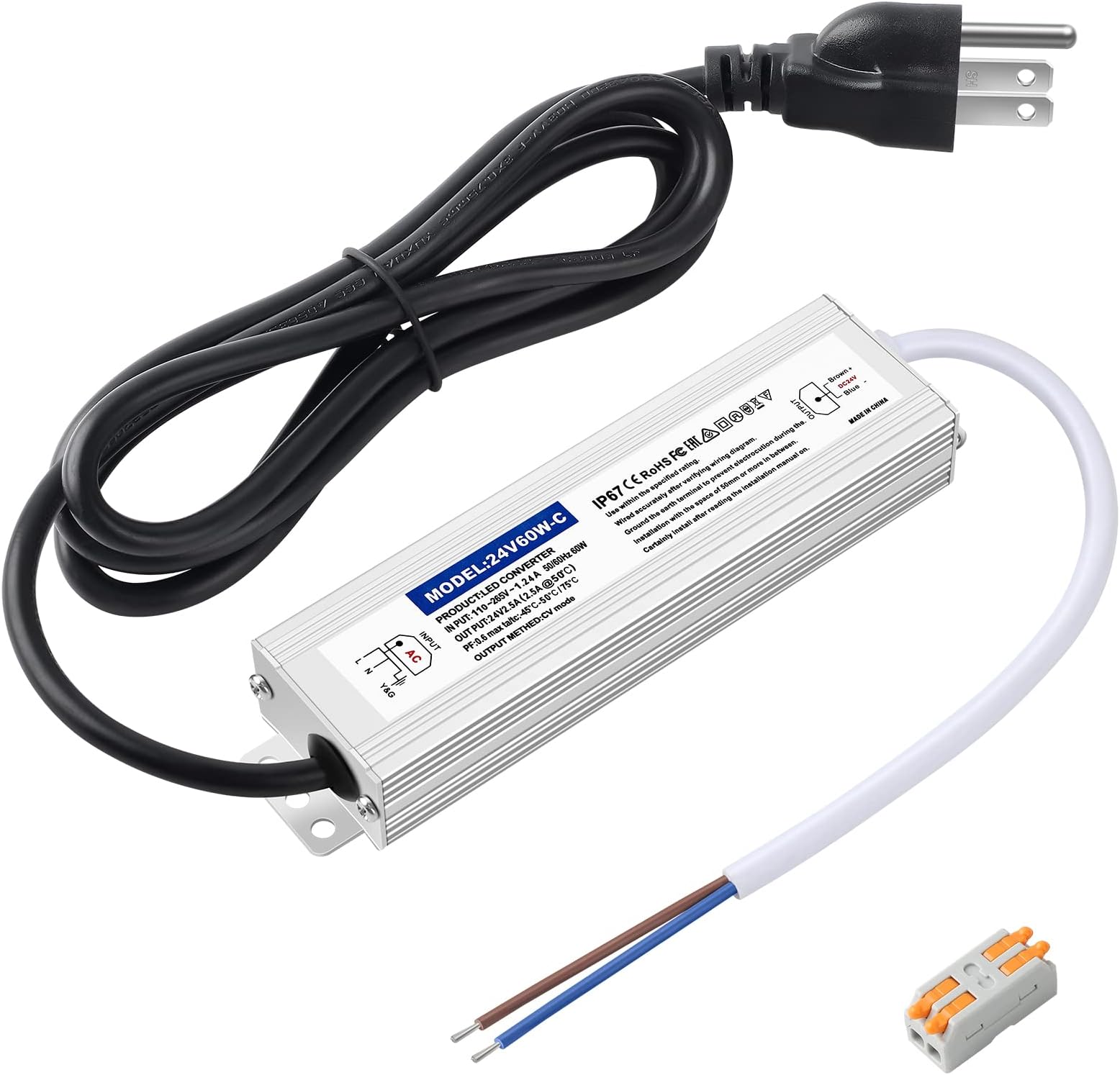 Waterproof IP67 24v Power Supply 60W 2.5A, LED Driver, 120V AC to 24V DC Converter, with 3-Prong Plug and 4.9 Feet Cable - Ideal Power Supply for LED Strips and Lights