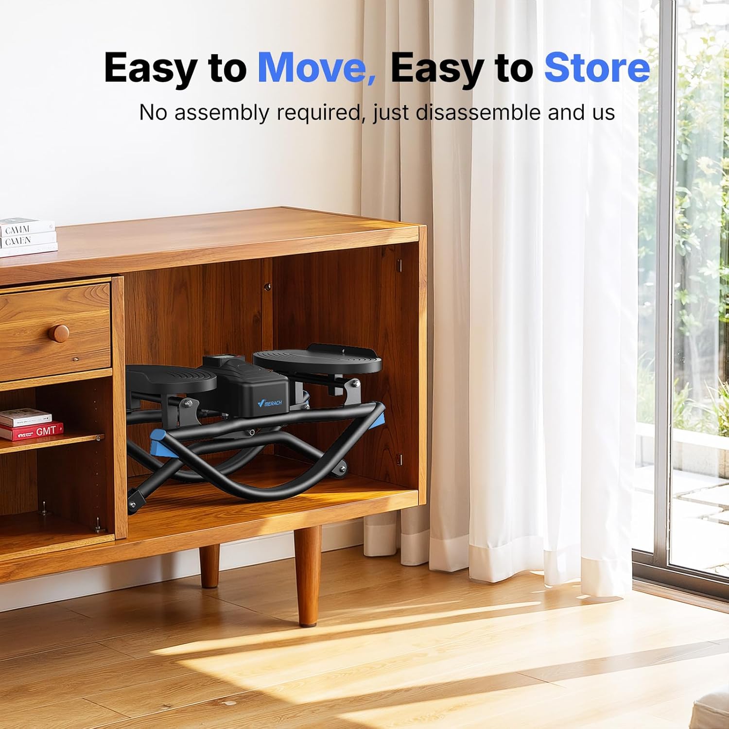 Woman sliding the MERACH Rocking Stepper under a cabinet for storage, demonstrating its compact size.