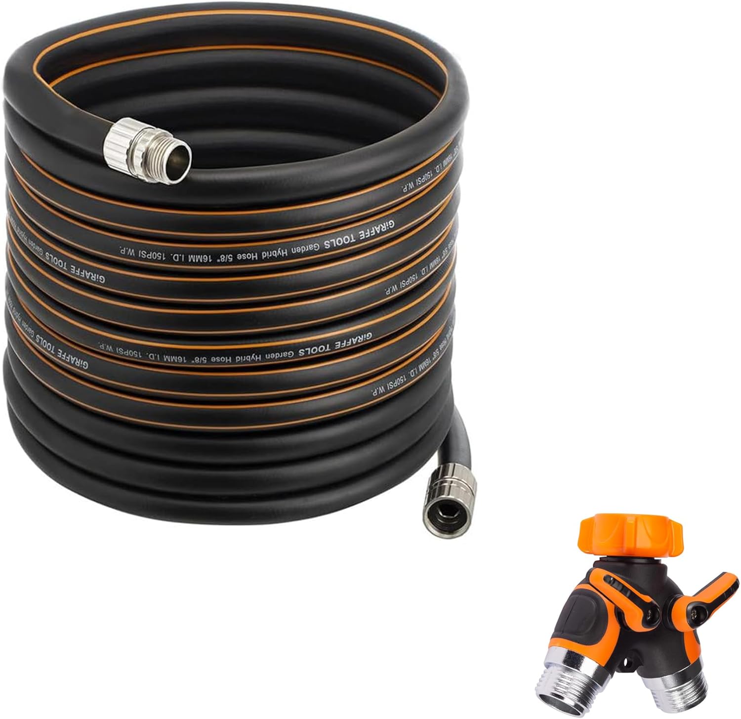 Giraffe Tools Garden Hose Splitter 2 Way Heavy Duty, 3/4" GHT Y Connector for Outdoor Faucet Spigot with Giraffe Tools Garden Hose 75ft x 5/8", Custom Length, Heavy Duty, No Kink, Flexible