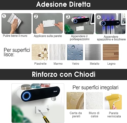 Miniatura 6 de iHave Soportes para cepillos de dientes eléctricos de pared con 3 vasos, esterilizador UV, dispensador de pasta dental, accesorios y decoración