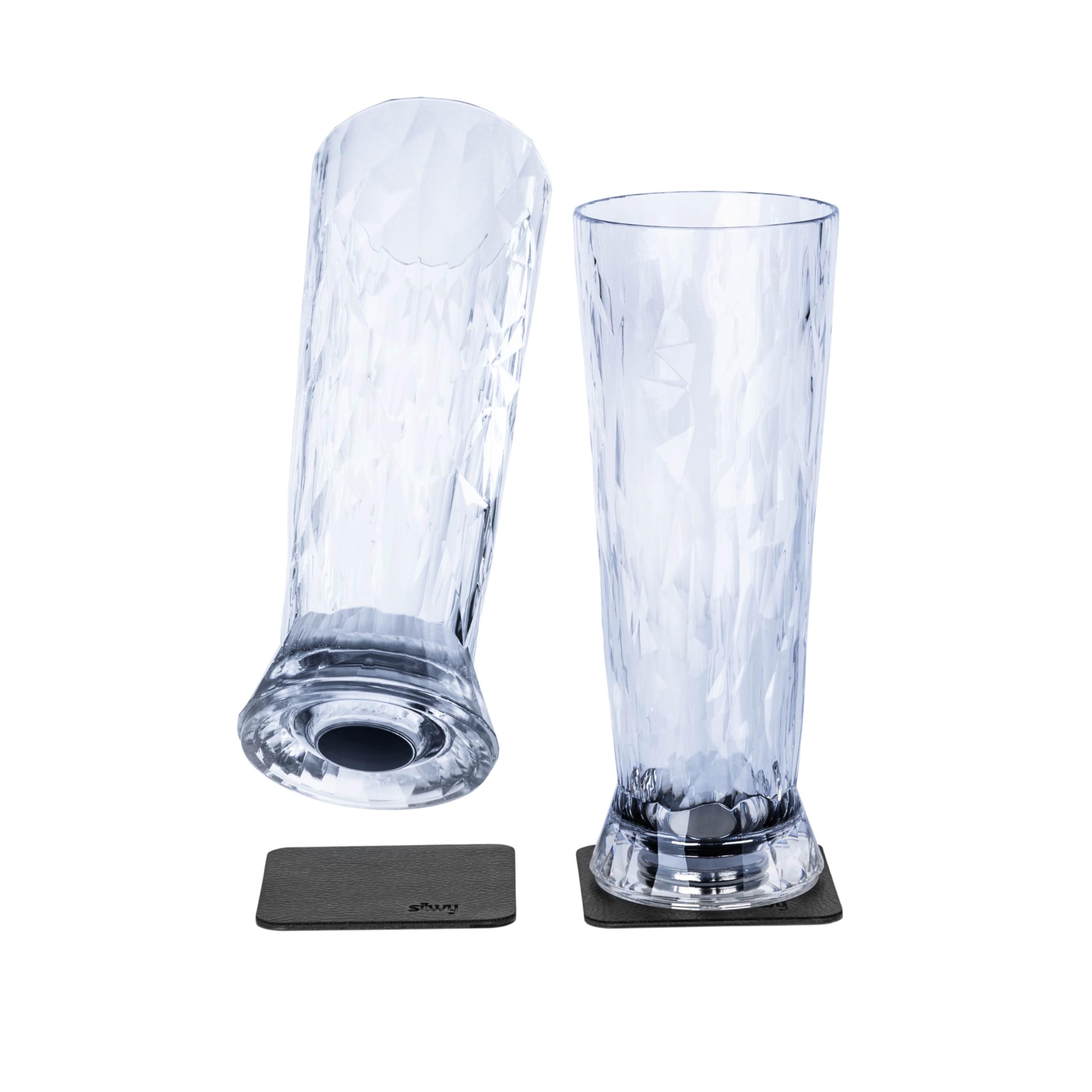 Silwy Magnetic Plastic Beer Glasses With Nano-Gel Coasters - Set Of 2