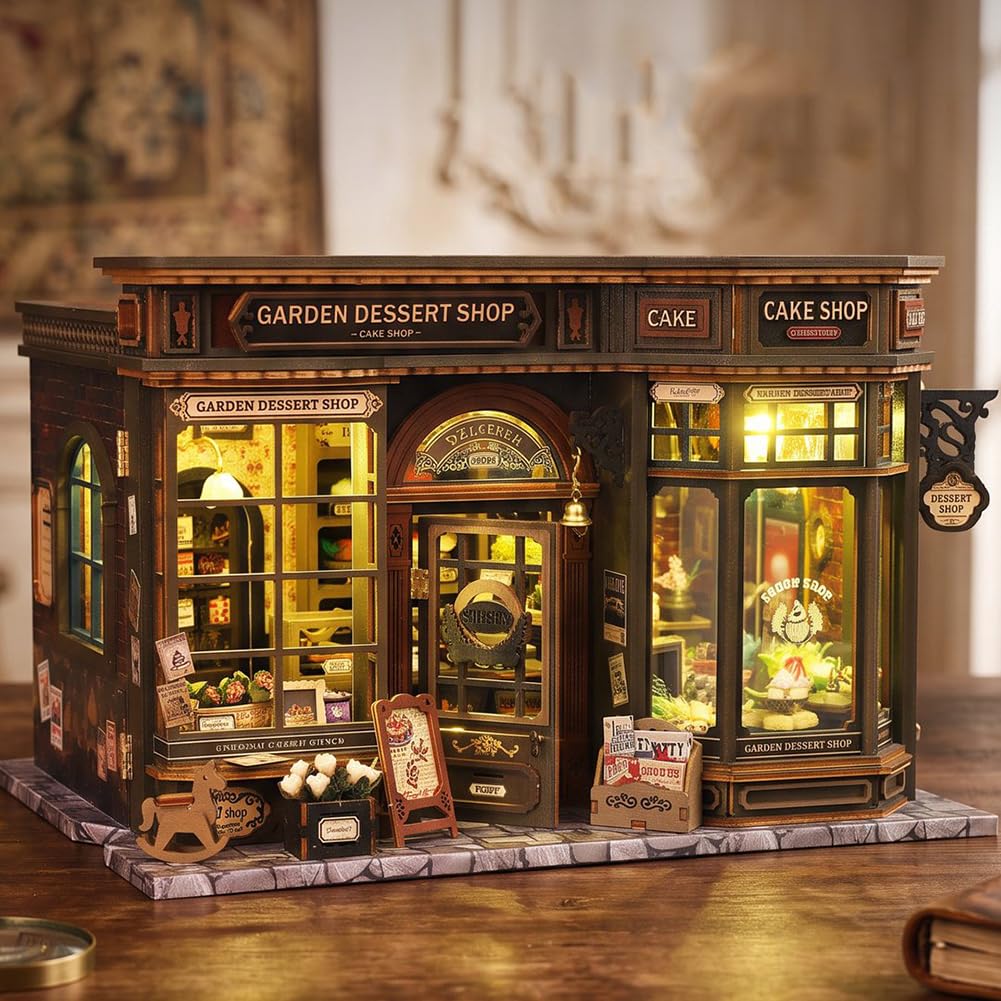 Kit puzzle 3D in legno, fai da te in miniatura casa delle bambole con luci a LED, decorazione da giardino per dessert, scaffale per libri, regalo creativo per adulti e ragazzi