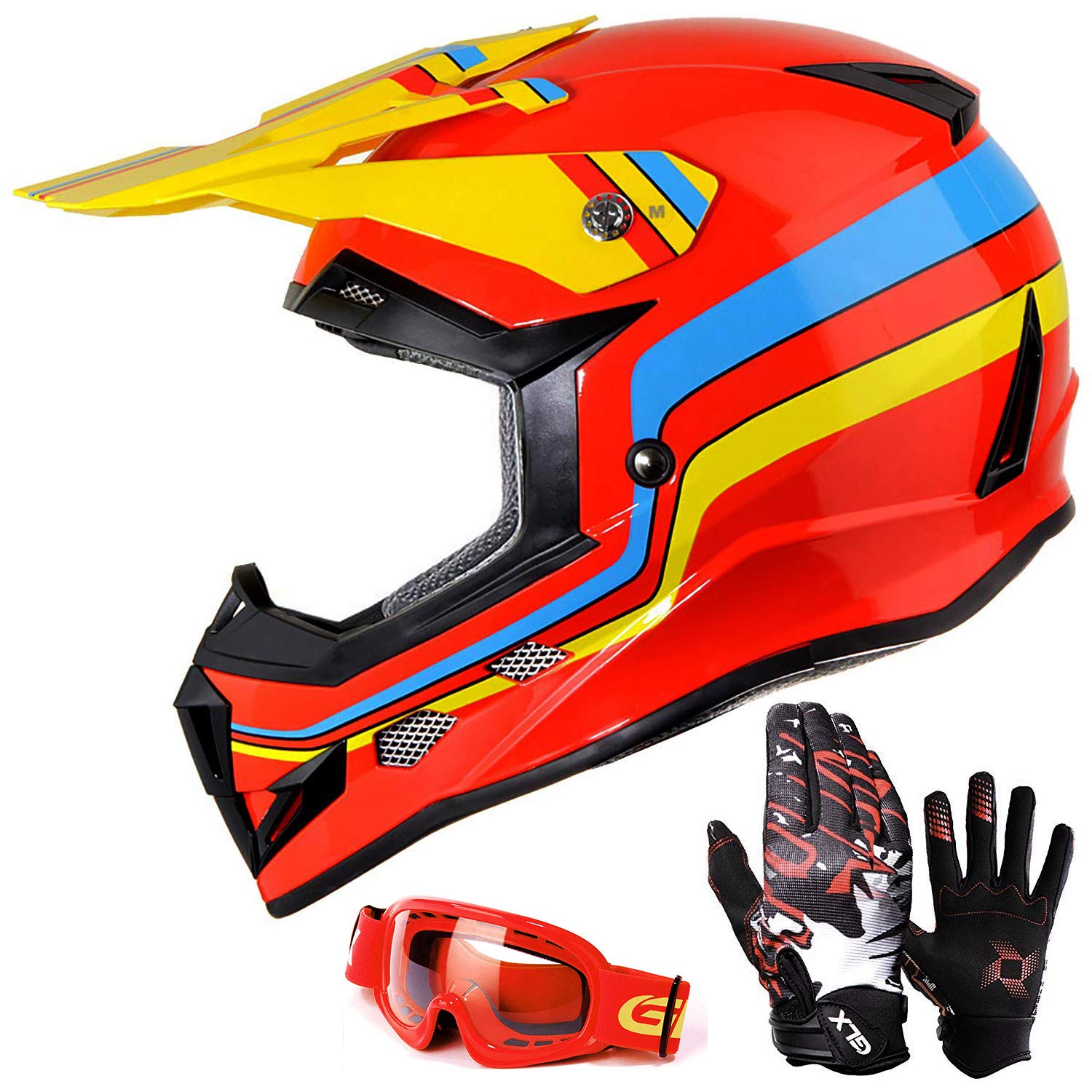 Glx Gx623 GLX GX623 Youth ATV/Dirt Bike Helmet Combo Retro Red