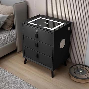 Smart Bedside Table, Nightstands with Wireless Charging Station, USB Port, LED Lights and Speaker, Modern Wood Nightstand,Black
