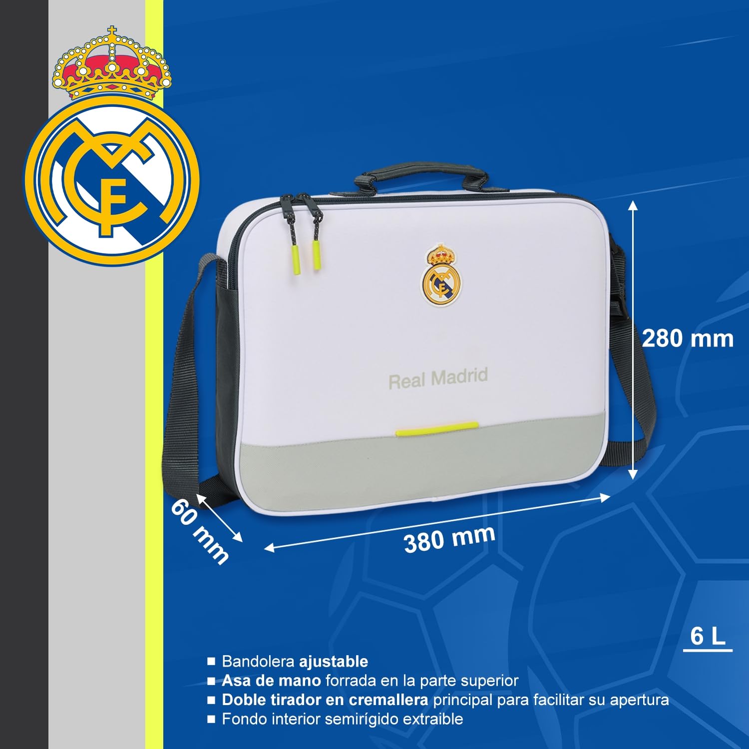 Cartera extraescolares Real Madrid equipación 25/26 para libros y material – Cartera extraescolares Real Madrid con asa para actividades y colegio