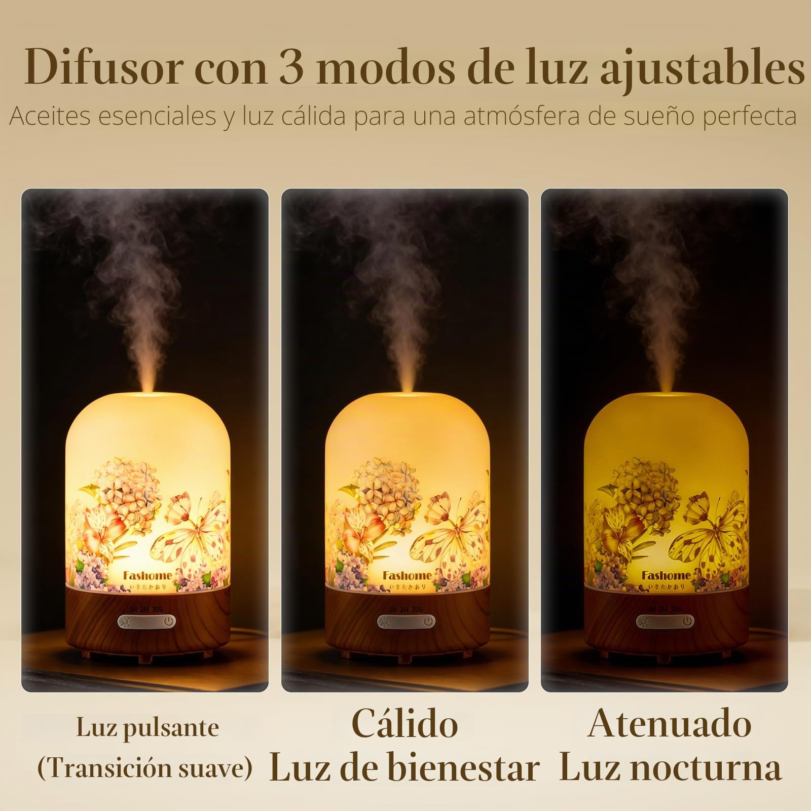 Fashome Difusor de aroma de 100 ml, difusor de aceites esenciales de cristal hecho a mano, apagado automático, silencioso con luz cálida, para el hogar, oficina, dormitorio (vainilla primaveral)