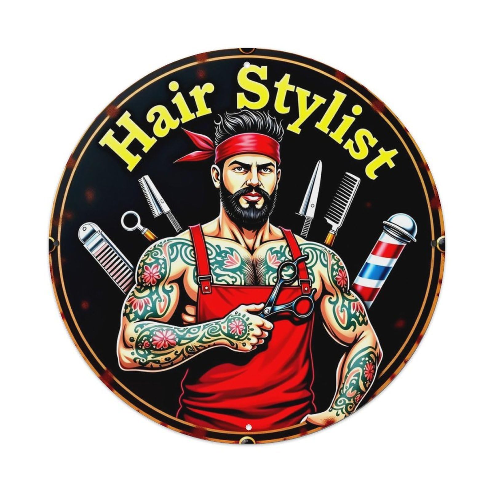 Jdyansheng Vintage Tattooed Barber With Scissors Tin Sign Metal Poster Metal Signs For Home Man Cave Bar Cafe Kitchen Laundry Room Wall Decorations 8X8 Inches