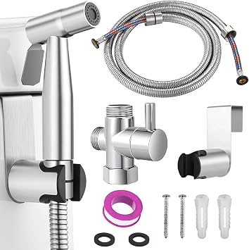 Handheld Bidet Sprayer, Stainless Steel Shattaf Douche Shower Spray with T-Valve Adapter and 1.5m Hose for Toilet, Bathroom Bidet Jet Spray for Personal Hygiene