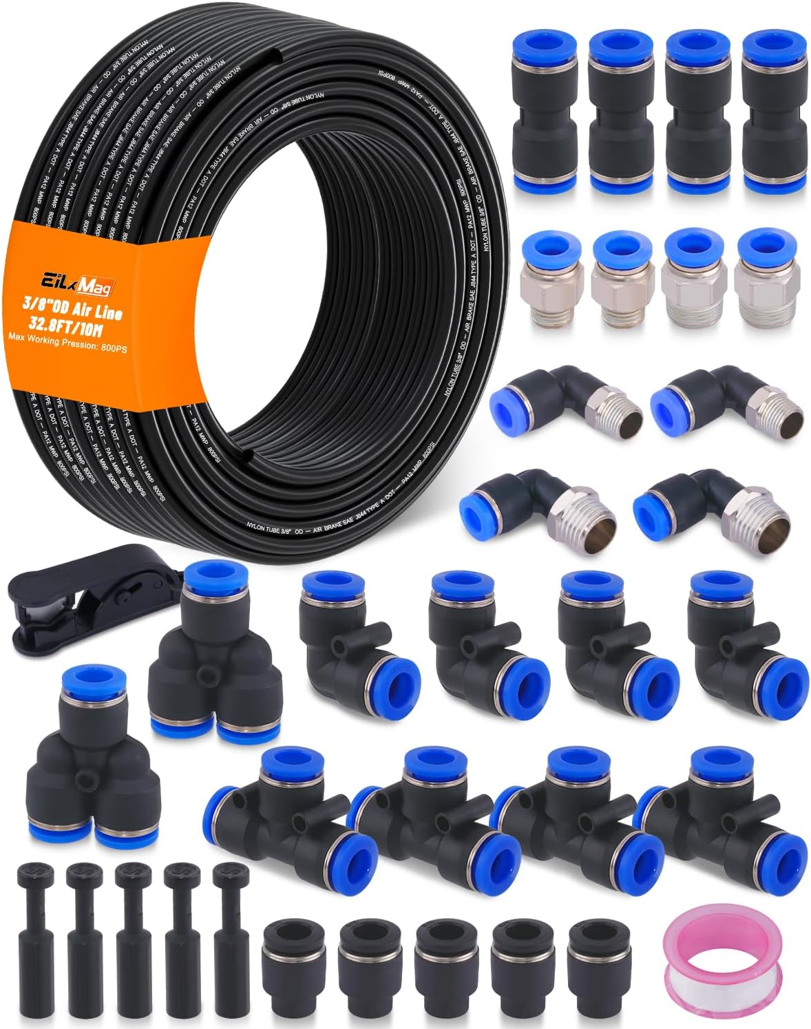 3/8" Air Line Tubing Kit, 32.8FT(10M) SAE J844 PA Nylon Air Hose Tubing with Cutter and Teflon Tape, 3/8" Air Hose with Push to Connect Fittings for Air Brake System Or Fluid Transfer(35PCS)