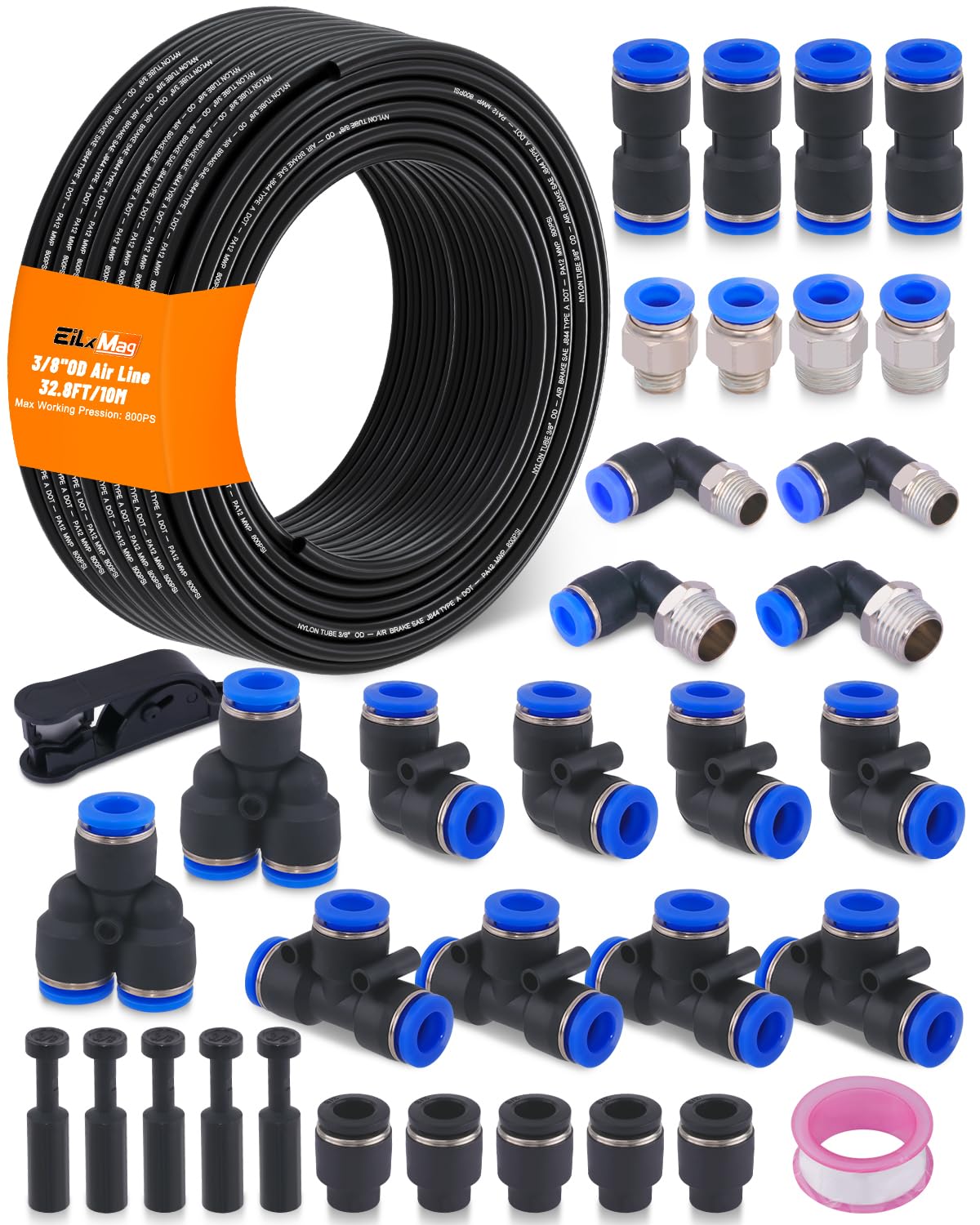 3/8" Air Line Tubing Kit, 32.8FT SAE J844 PA Nylon Air Hose Tubing