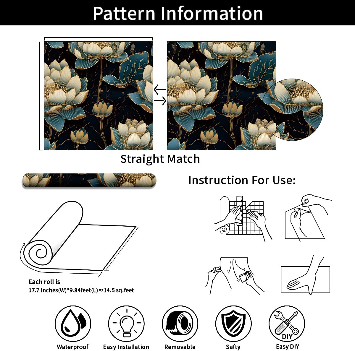 Gilded Blue Lotus Dark Pattern Wallpaper 17.71"x118.1" Peel and Stick Wall Paper Waterproof Vinyl Matte Flower Contact Paper for Bedrooms Bathrooms Cloakrooms