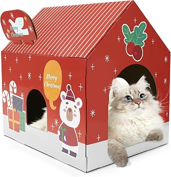 Christmas Cardboard Cat House with Scratching Pad 15"x12"x15" Cat Play House for Indoor Cats, Christmas Decorations Scratching Pad for Kitty