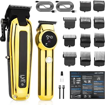 Beatslm Professional Mens Clippers and Trimmer Set, Barber Clippers, LED Display Hair Cutting Kit for Family, Gold
