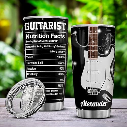 Vista 3 de winorax Vaso de guitarra personalizado con información nutricional de guitarrista eléctrica, regalos personalizados, vasos de acero inoxidable de 20