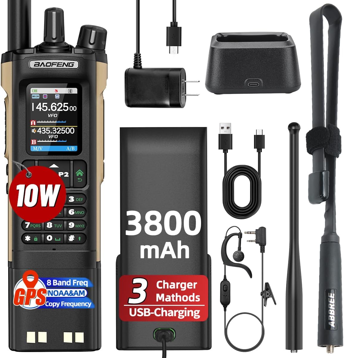 BAOFENG UV-32 Radio 10W Ham Radio Long Range 3800mAh Battery Rechargeable Emergency NOAA Weather Radio UV32 Walkie Talkies with GPS,APP Programming,Copy Frequency,USB-C Charging for Survival Gear