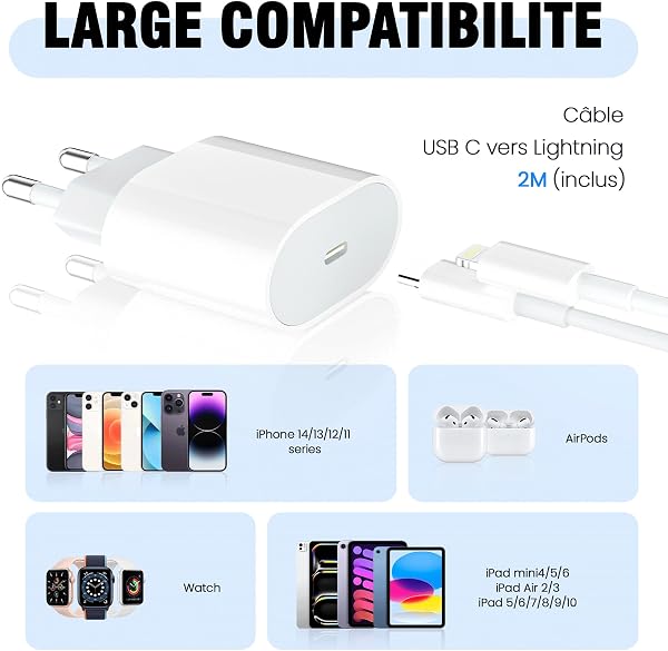 Chargeur iPhone 2Pack, Chargeur Rapide de 20W Adaptateur [Apple MFi Certifié] avec Câble de Charge Rapide USB C vers Lightning de 2 Mètres Cordon de Charge Compatible avec iPhone 14 13 12 11 Pro Max - 3