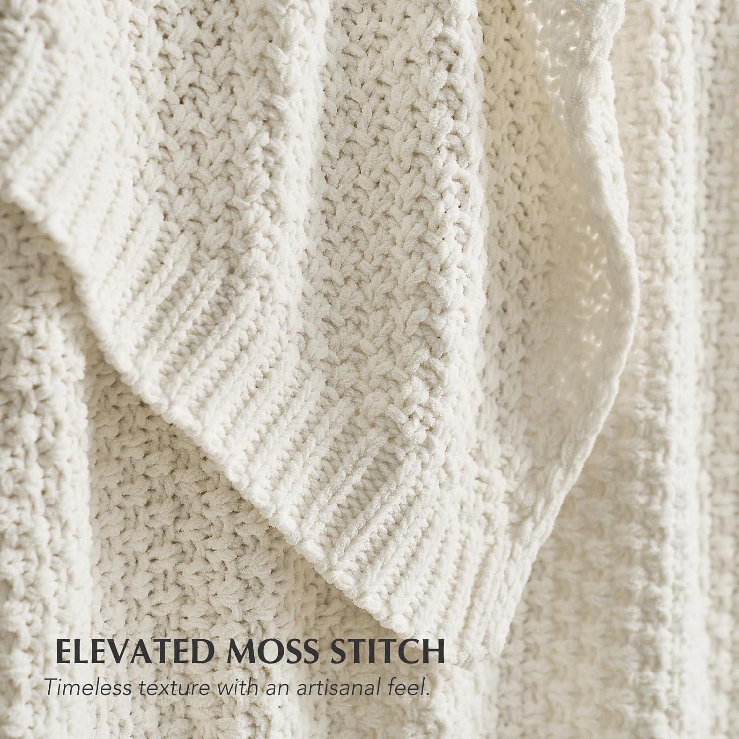 evergracehome chunky chenille knit throw blanket for couch, soft luxurious moss stitch blankets for bed, cozy decorative farmhouse knitted throws for sofa, bright white, 60" x 80" bright white 60" x 80"
