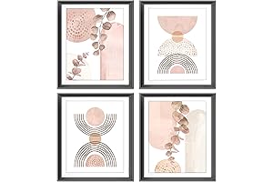 Abstract Boho Geometric Sun Moon Pink Eucalyptus Leaf Wall Art Prints