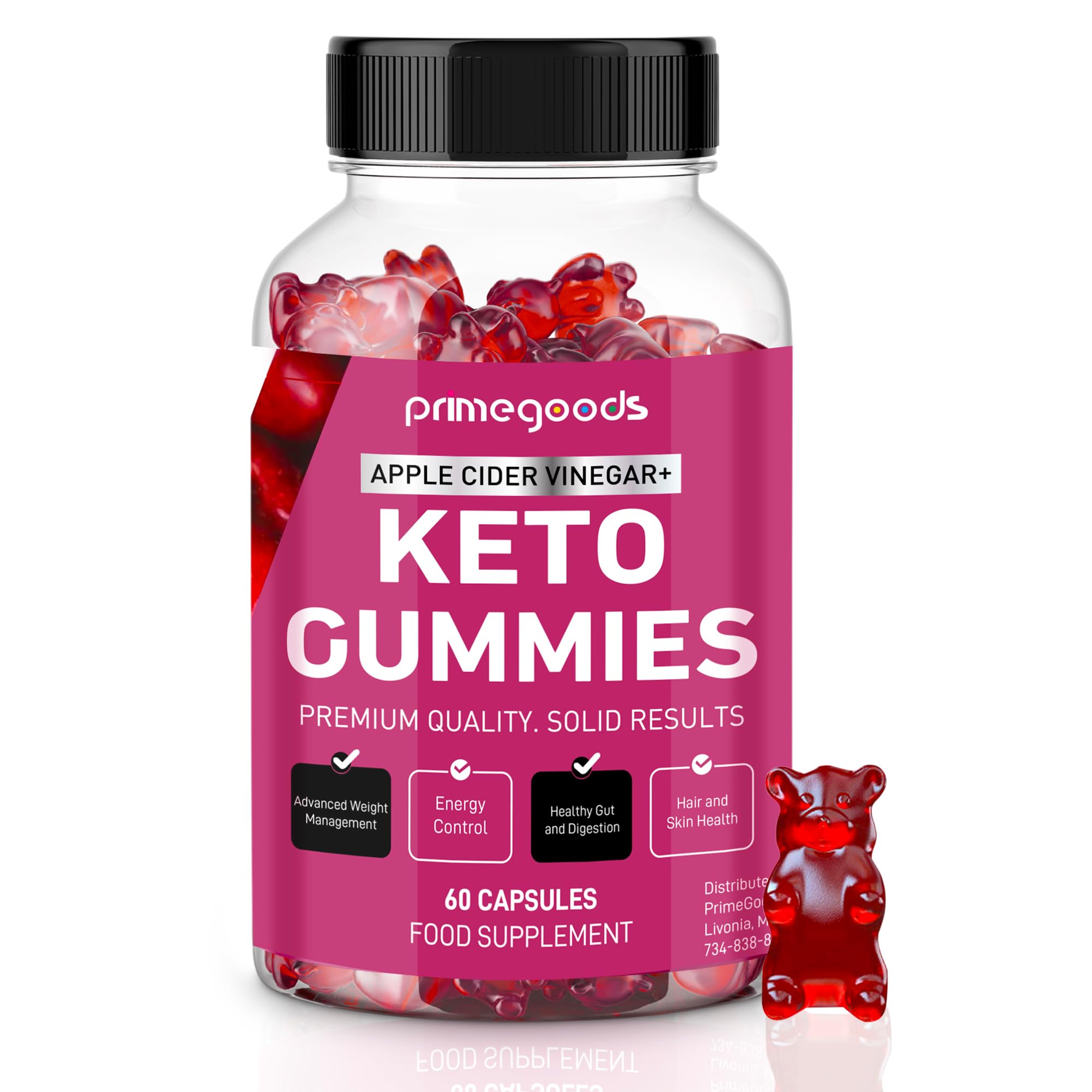PrimeGoods Gomas de Vinagre de Maçã 1.000 mg com Vitaminas B12 e B6, 60 gomas