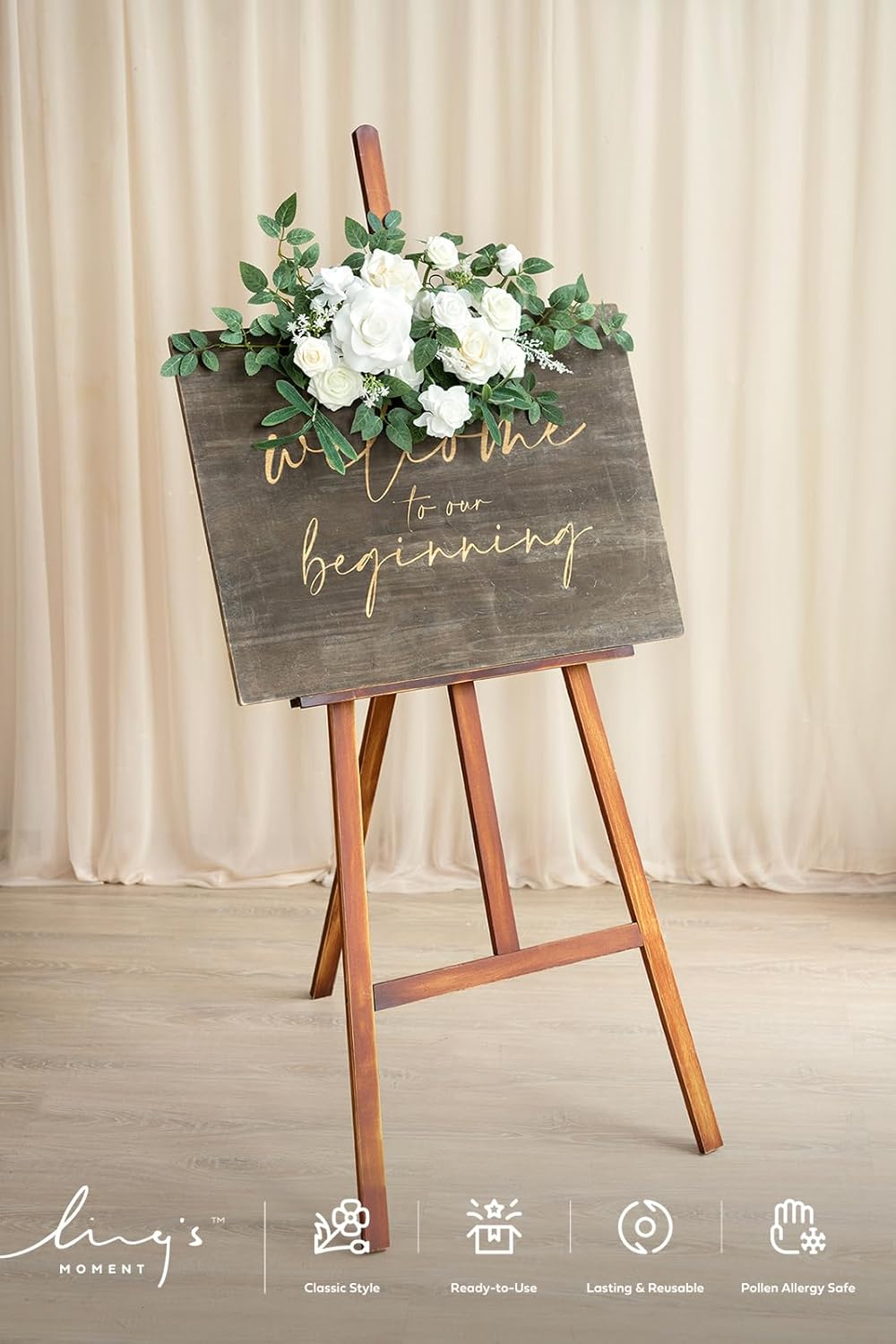 Ling's moment 2pcs White Wedding Artificial Floral Swag Welcome Sign Flowers Backdrop Garland Green for Ceremony Reception Door Wall Easel Home Decoration Entryway Faux Outdoor Board Table Decor