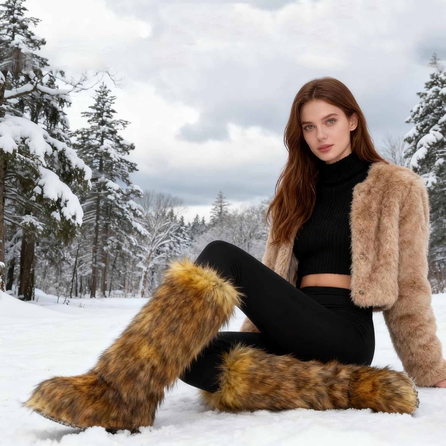 Faux Fur Boots for Women Fuzzy Fluffy Furry Boots Winter Snow Boot Tall Cute Comfort Warm Shoes Soft Wide Calf Knee High Boot - Image 2