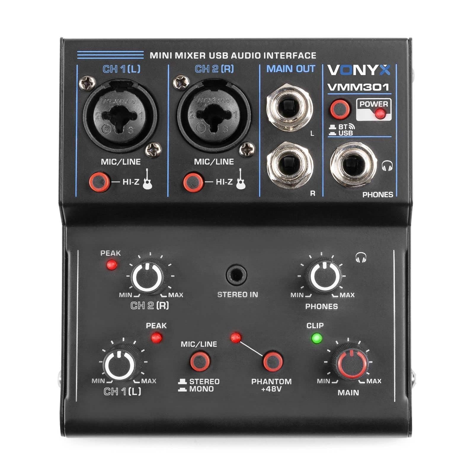 Vonyx VMM301 - Mezclador compacto USB con interfaz de audio, Bluetooth, phantom +48V, combo XLR/Jack, salida auriculares, entrada RCA, portátil para podcast, grabación y streaming