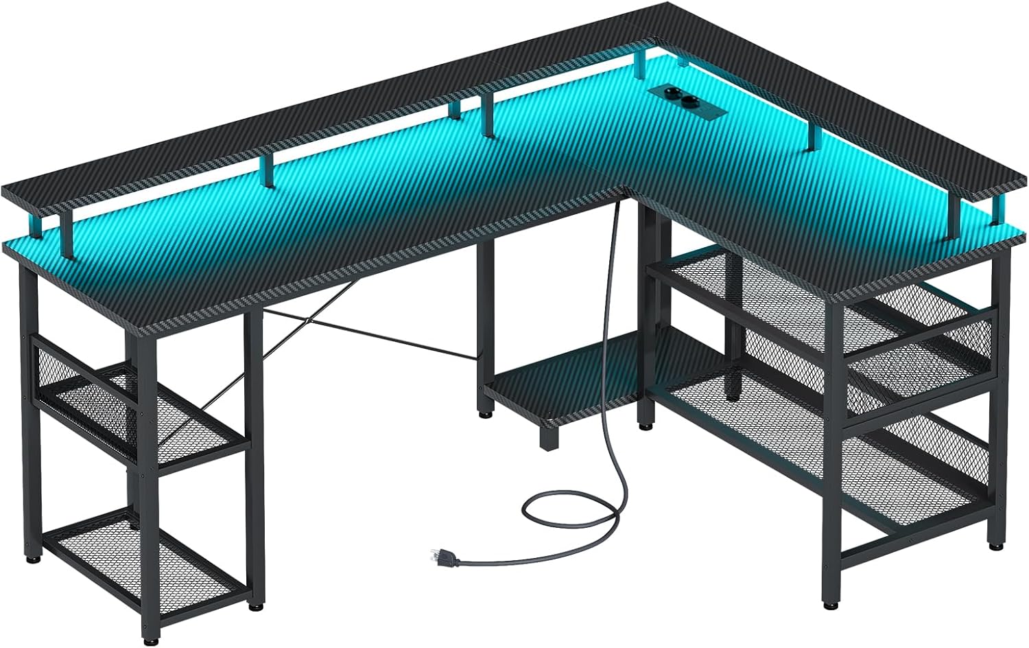 An L-shaped gaming desk with blue LED lighting, showing the integrated power outlet and USB ports, and side storage shelves.