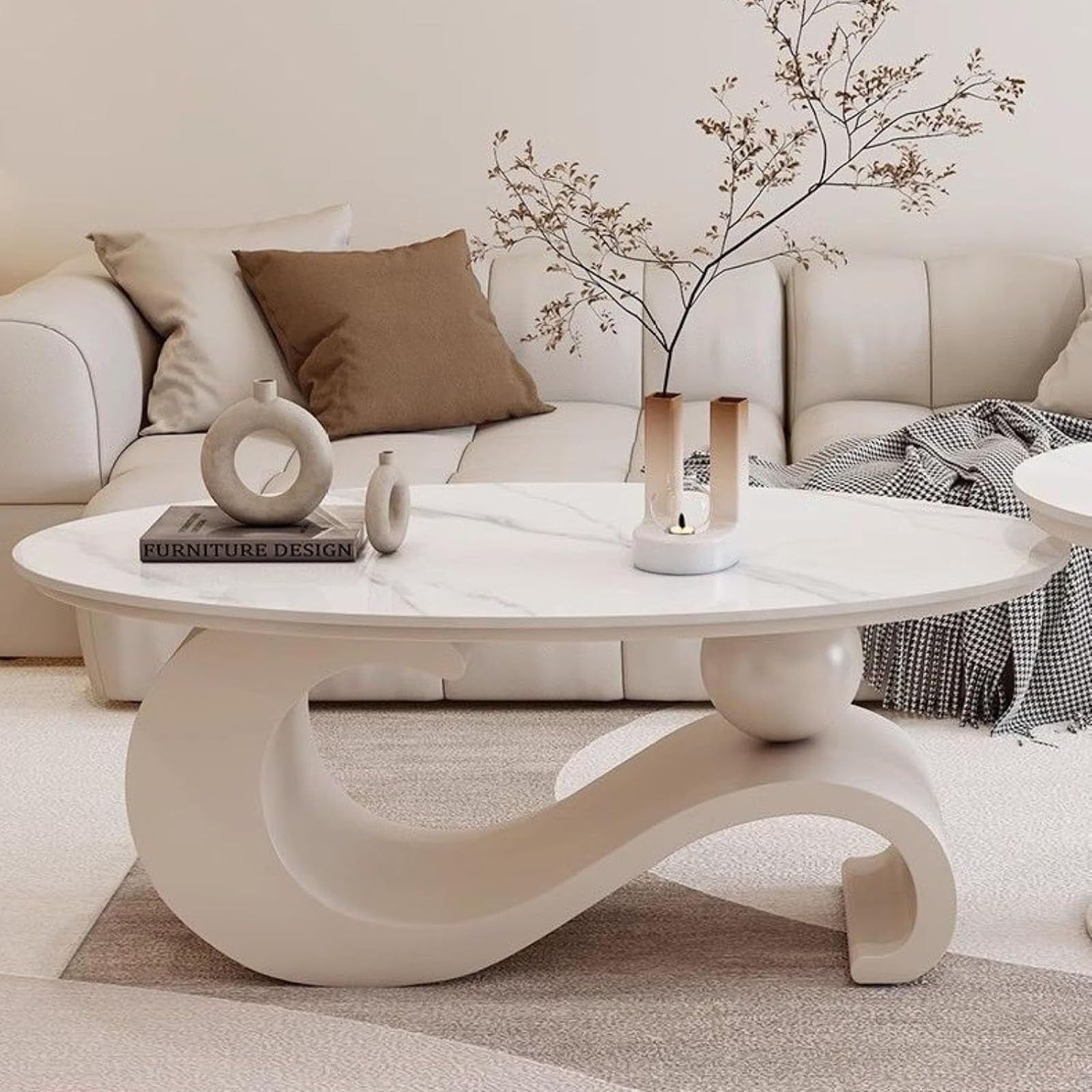 Luksusowy stolik kawowy, owalny marmurowy blat ze złotym metalowym uchwytem, nowoczesny design, elegancki styl, łatwy do czyszczenia, stół środkowy 100 cm do salonu