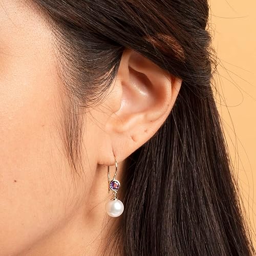 Miniatura 2 de Peora Aretes colgantes de oro amarillo de 14 quilates, perlas blancas cultivadas en agua dulce de 0.315 in y amatista genuina para mujer, piedra
