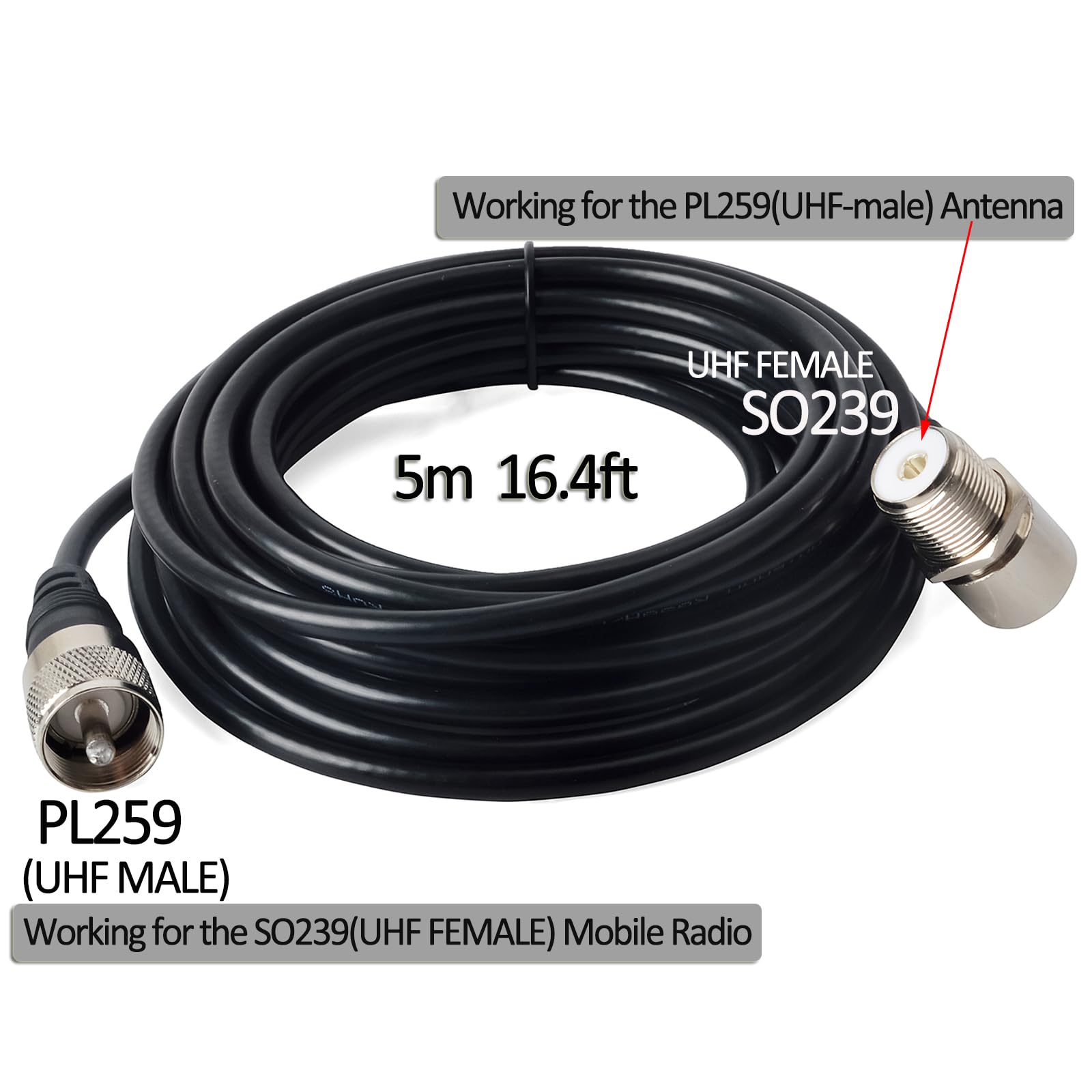 HYS Support d'antenne mobile SO239 vers PL-259 W/5 m, câble coaxial RG-58 à faible perte en aluminium robuste avec 2 boulons en U pour antenne radio mobile PL259 (UHF mâle) HF/VHF/UHF