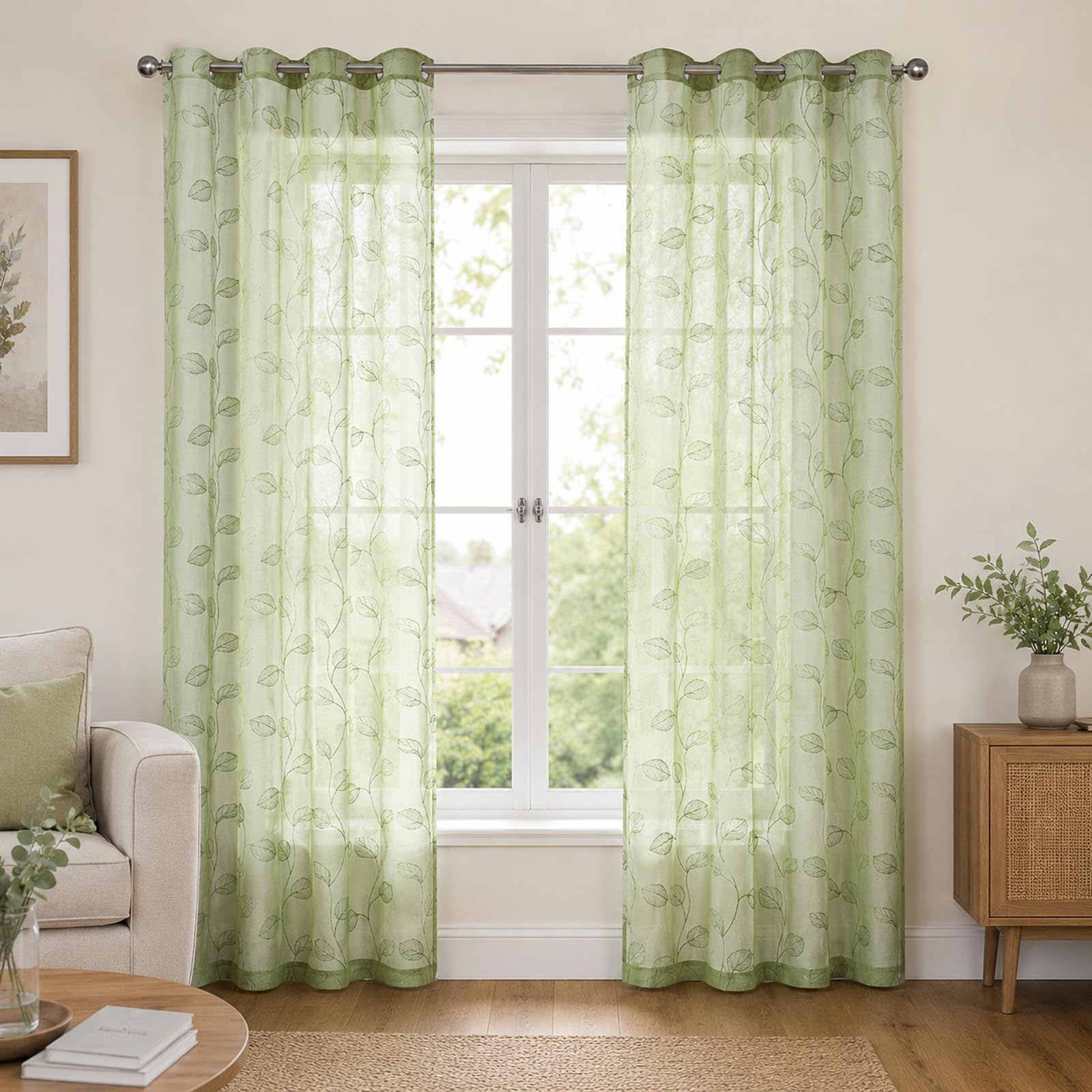 SSWH Sheer Voile Curtains with Embroidered Pattern, Semi Transparent Net Curtains, Voile Sheer Panels for Bedroom Living Room with Eyelet(Size:132x214cm/W 52" x L 84" (2 Panels),Color:Green)