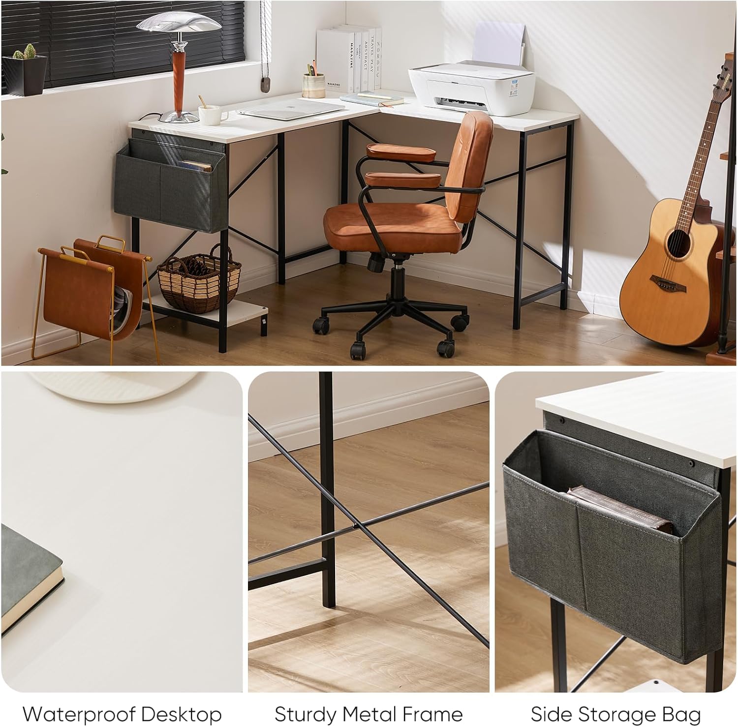 Close-up of desk features: waterproof desktop, sturdy metal frame, side storage bag