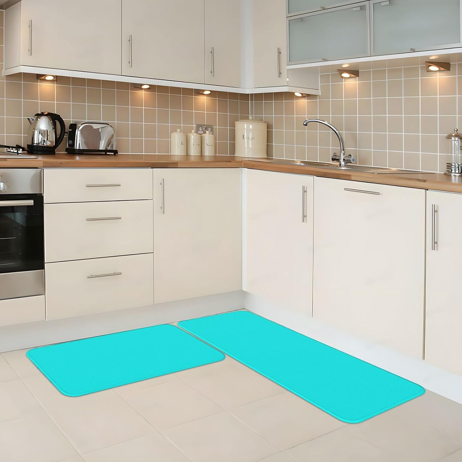 Aqua Print Kitchen Rugs Sets of 2 Non Slip Washable, Anti Fatigue Kitchen Mats for Floor, Home Decor