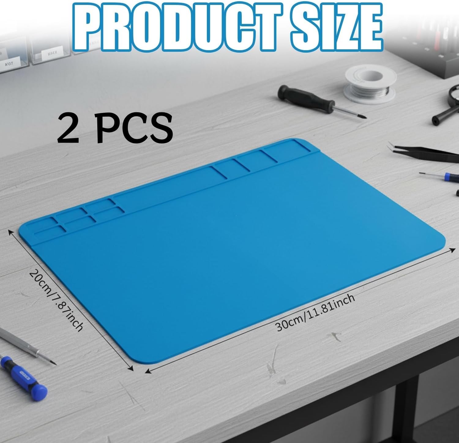 ESD Safe Soldering Mat, 2 Pcs 12”x8” Large Heat Resistant Repair Mat up to 932°F, Silicone Workstation with Grid for Phone, Laptop, Watch, BGA Electronics Repair (Blue)