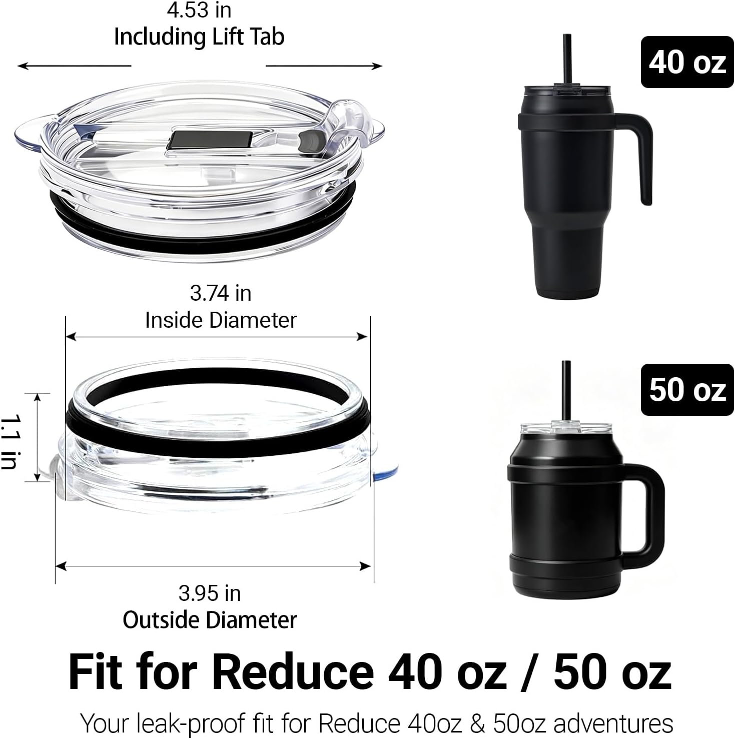 40 oz Tumbler Lid Replacement for Reduce, 2-Pack for 40oz 50oz, Leak-Proof Push-On Flip Straw Lid & Cleaning Brush, BPA-Free Spill Proof, Fits Tumblers with ~3.7" ID