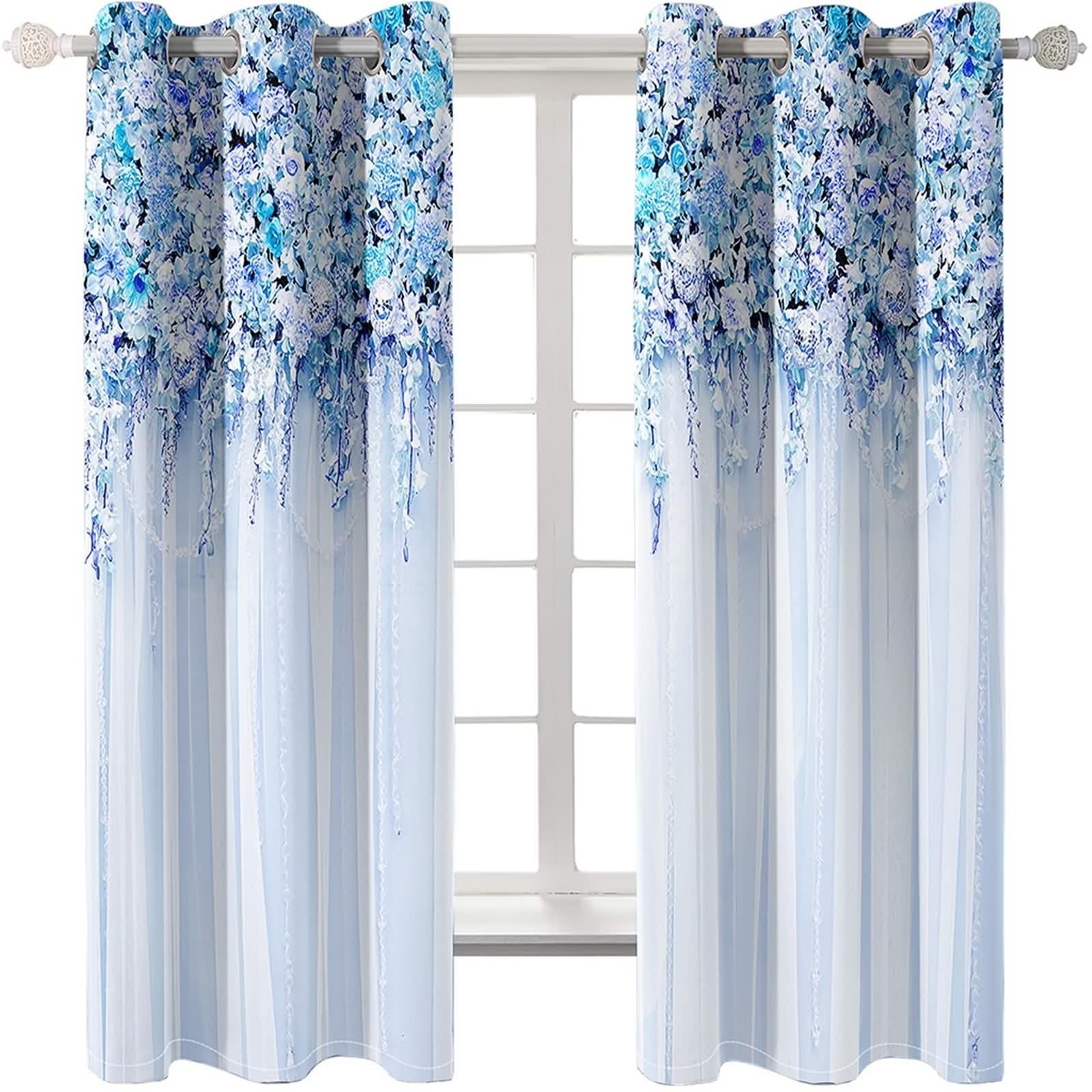Rideau Anniversaire, Rideaux Fenetre Bleu Violet Blanc Polyester Vignes de Fleurs 3D 152L x 274H CM Lot de 2