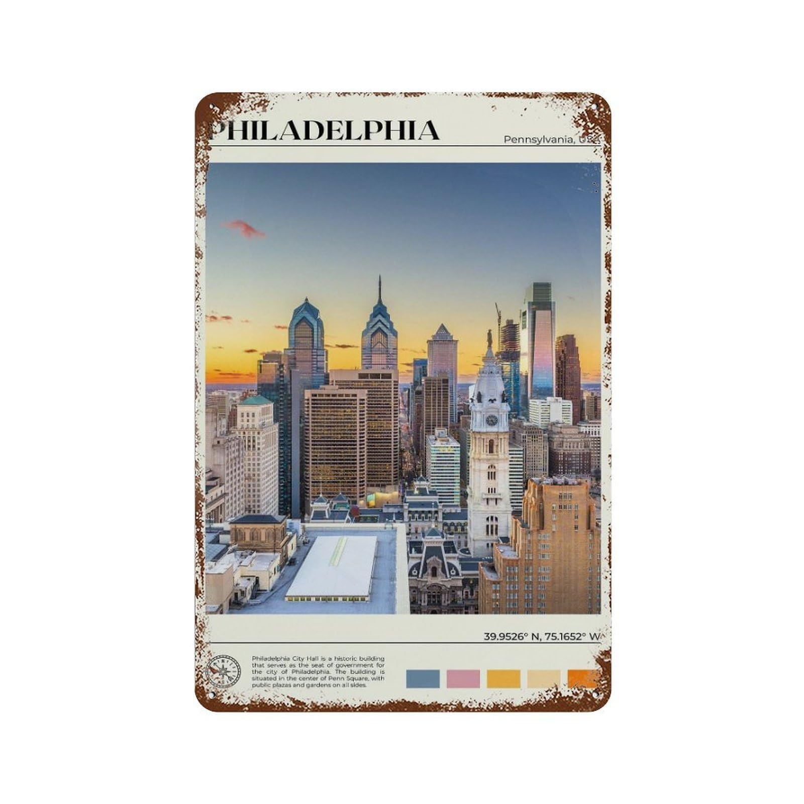xiaoxiaoshen Real Photo Philadelphia Pennsylvania Wall Decor Art Metal Tin Poster Modern Home Decor Art Home Bar Shop Decorations Vintage Sign 30x20cm