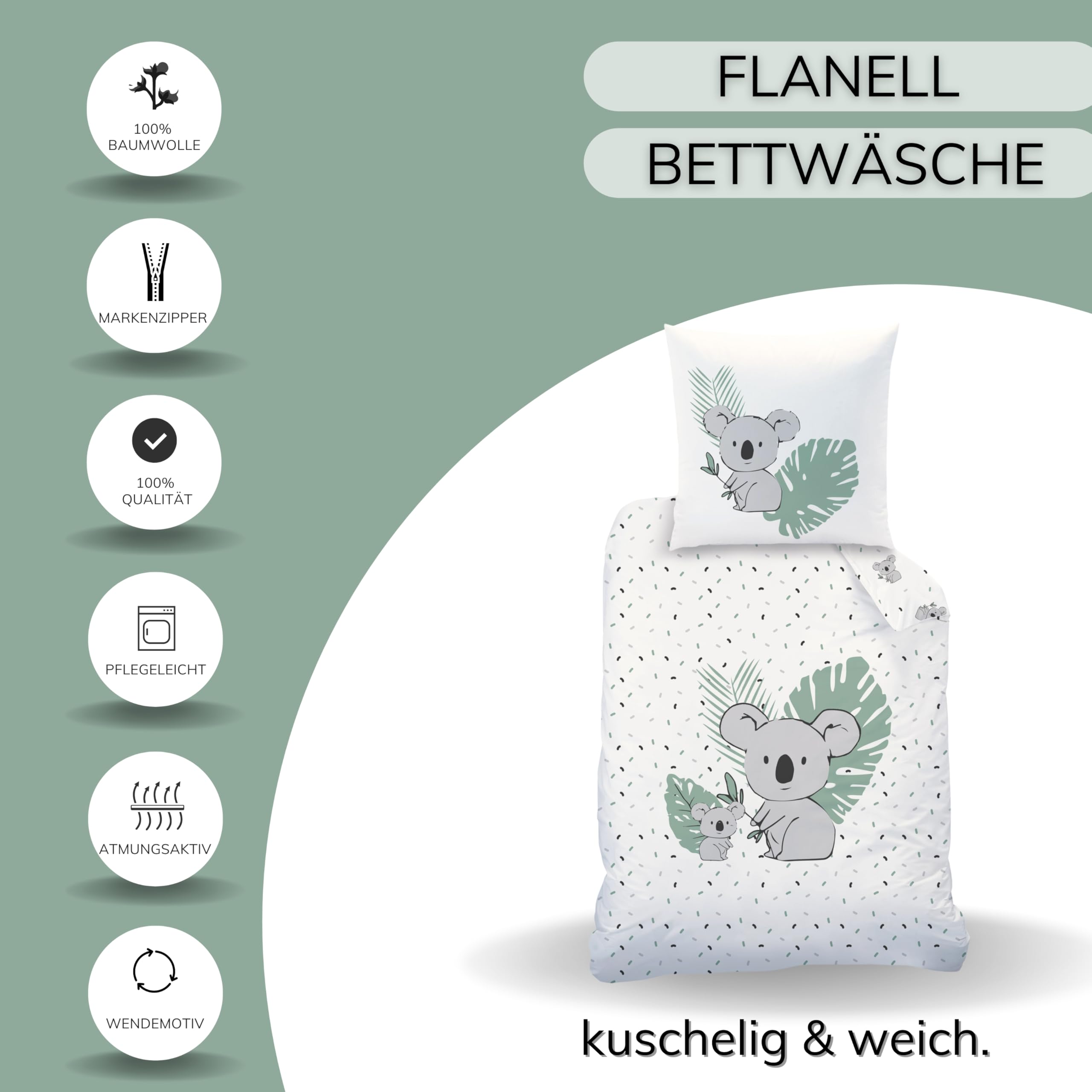 MTOnlinehandel Koala Bettwäsche 135x200 Flanell, Biber, Kinderbettwäsche Mia & Max, Winterbettwäsche für Mädchen und Jungen, 1x Kissenbezug 80x80 + Bettbezug 135x200, 100% Baumwolle Safari (Koala)
